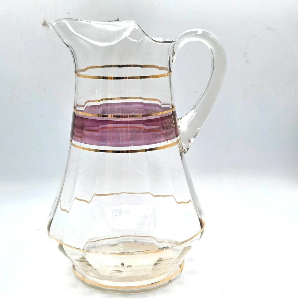 Vintage MCM Clear and Cranberry Glass Pitcher with Gold Bands
